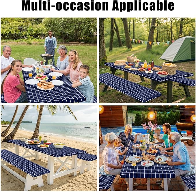 Smiry Picnic Table Cover with Bench Covers, Waterproof Elastic Fitted Tablecloth for 6 Foot Tables, Washable Polyester Tablecloths for Camping, Indoor & Outdoor (Navy & White, 30x72 Inch 3-pc Set)
