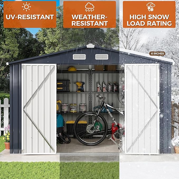 IRONCK 10x8FT Storage Shed, Outdoor Tool Shed with Lockable Doors and Breathable Vent, Outside Metal Garden Storage for Poolside, Backyard, Patio, Dark Blue
