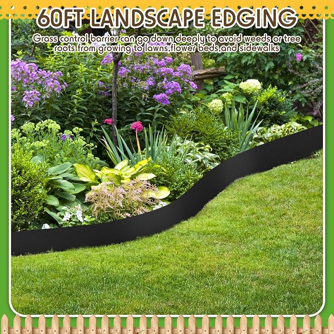 Sasylvia Black Plastic Landscape Edging Coil 5 Inch x 120ft with 40 Stakes 1/10" = 0.1" Inch Thin Bender Board, Garden Liner Flexible and Strengthened with Anti UV for Yard Edging Borders