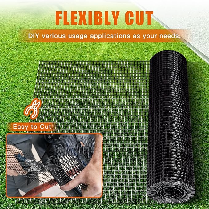 Zevemomo 24" x 50' 1/4inch PVC Hardware Cloth Vinyl Coated Chicken Wire Fence Galvanized Welded Mesh Roll for Home Garden Rabbit Cage, Black-PVC