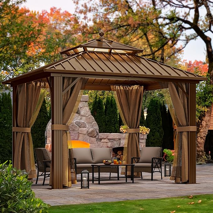 YITAHOME 10x10ft Hardtop Gazebo with Nettings and Curtains, Heavy Duty Double Roof Galvanized Steel Outdoor Combined of Horizontal Vertical Stripes Roof for Patio, Backyard, Deck, Lawn (Bronze)