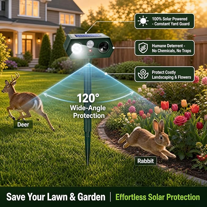 Sonic Fortress Pro Deer Repellent Devices, 2026 Racoon Repellent Outdoor Squirrel Fortress Pro Animal Repeller Cat Deterrent with Motion Sensor&Flash Light to Scare Rabbit Skunk Out of Garden Yard(2)