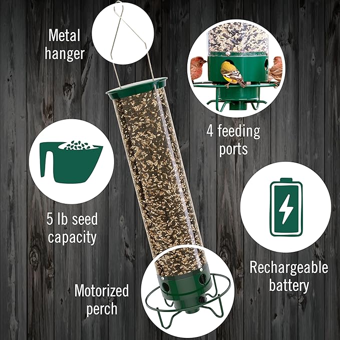 Droll Yankees Squirrel Proof Bird Feeder for Outdoors – Rechargeable Weight-Activated Rotating Perch, 5lb Seed Capacity, Metal Base, UV-Stabilized Seed Tube, Hanging Green Yankee Flipper, YF-M