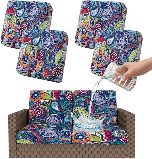 Smiry Waterproof Patio Cushion Covers, Stretch Outdoor Couch Slipcovers Replacement Washable Furniture Protector Sofa Chair Seat Cover for Dogs and Pets (4 Pcs, Blue Green)