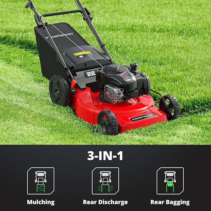 PowerSmart 22-Inch Gas Lawn Mower Self-Propelled, 150cc B&S Engine, 3-in-1 Mulching System, 6 Cutting Heights, Rear-Wheel Drive, Durable Steel Deck
