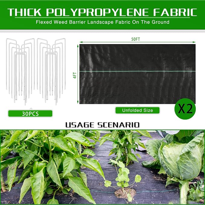 4FT x 100FT Weed Barrier Landscape Fabric Heavy Duty, 3.2oz Premium Gardening Weed Control Mat with 30 U-Shaped Securing Pegs, Ground Cover for Gardening, Farming, Raised Bed（2 Packs 4x50FT）