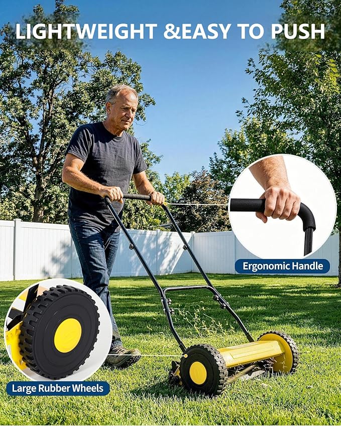GarveeLife 5-Blade Push Reel Lawn Mower, 16-Inch Manual Push Grass Cutter, Adjustable Cutting Height, Lightweight & Easy Assembly for Small/Medium Yards, Compact Storage, Quiet Eco-Friendly