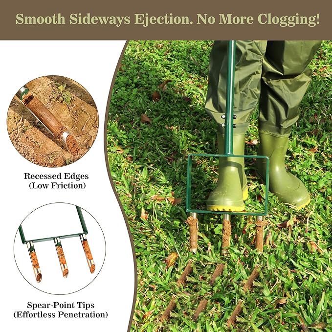 2-in-1 Manual Lawn Aerator Tool, Core Plug Aerator and Spike Aerator for Yard, 6 Replaceable Tines for Compacted Soil, Heavy Duty Garden Aeration Tool for Grass Roots Health & Lawn Care, Green