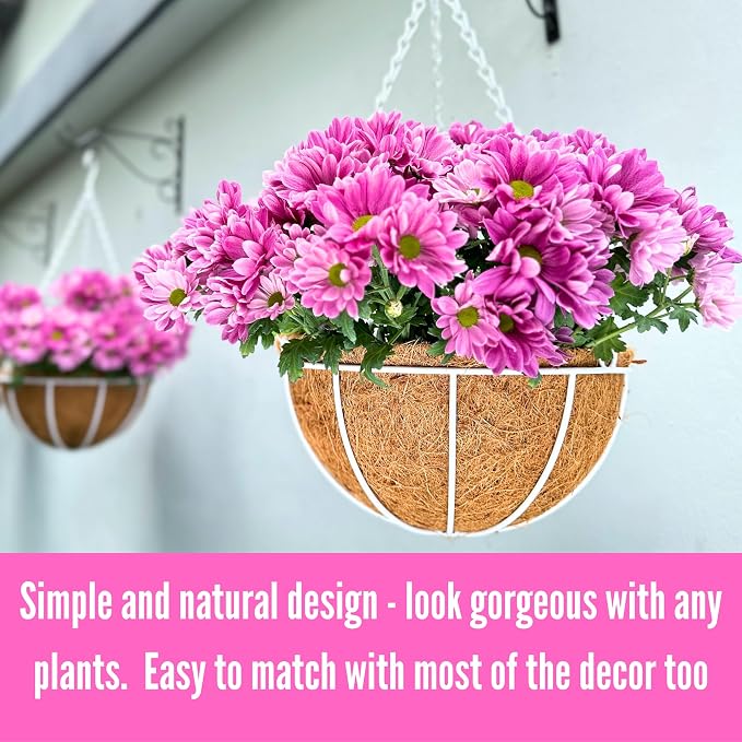 LaLaGreen Hanging Planter for Outdoor Plants (16 Inch, 4 Pack) Hanging Baskets with Coco Liner, White Metal Wire Flower Basket Pots with Hook Hanger Balcony Porch Farmhouse Country Style Garden Decor