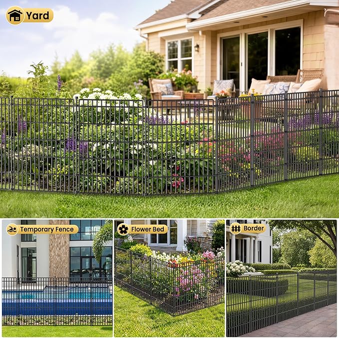 5 Panels No Dig Garden Fence with Gate, 48in(H) × 13.13ft(L) Decorative Metal Outdoor Dog Fence, Rustproof Pet Fencing for Yard, Patio, Flower Bed -Temporary Fencing| Easy to Install