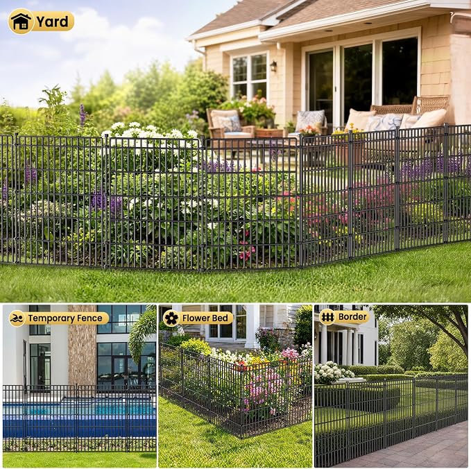 5 Panels No Dig Garden Fence with Gate, 34in(H) × 11.25ft(L) Decorative Metal Outdoor Dog Fence, Rustproof Pet Fencing for Yard, Patio, Flower Bed -Temporary Fencing| Easy to Install