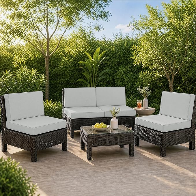 Outdoor Furniture Cushions 25.6x25.6 Inch, Deep Seat Patio Couch Cushions Replacement for Sectional Conversation Set Sofa Loveseat, Water Resistant, Removable Cover, Set of 4, Light Grey