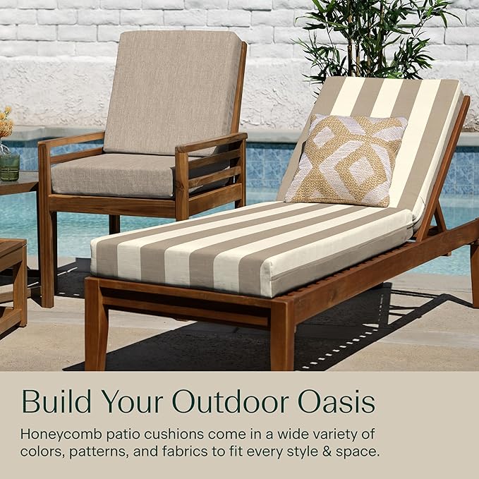 Honeycomb Outdoor Chaise Lounge Cushion for Patio Furniture, Water & Fade Resistant, Removable Cover, 21.5 x 70, Heritage Cabana Stripe Tan