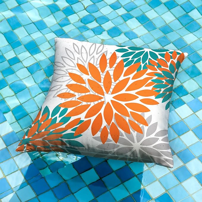 DFXSZ Orange Flower Pillow Covers 16x16 Inch Set of 2 Fall Throw Pillows Outdoor Waterproof Decor for Living Room Sofa Patio Funiture Garden Floral Polyester Pillow Cover 002N16