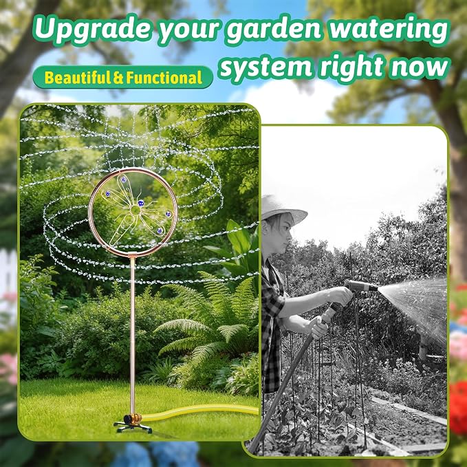 34" Tall Copper-Coated Stainless Steel Garden Sprinkler, 360° Rotating Decorative Ornamental Sprinkler for Lawn, Yard & Landscape Watering (Dragonfly)
