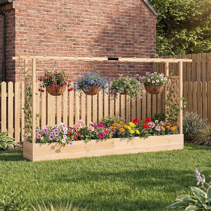 HAPPYGRILL Raised Garden Bed with Trellis, Freestanding 45" Wood Planter Box w/Hanging Roof & 8 Drainage Holes for Vine Climbing Plants Flowers, Outdoor Wood Elevated Garden Bed for Patio Yard