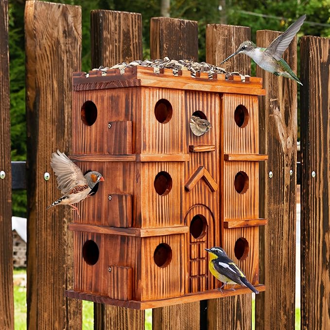 MIXUMON Wooden Bird Houses for Outside – 14 Rooms Large Bird House, Carbonized Pine Rustic Finish, 1.57" Entrance Holes, Cleaning Doors, Outdoor Birdhouse Nesting Box (Rustic, 14 Rooms)