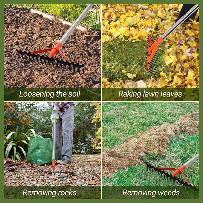 Garden Rake 17 Tempered Spring Steel Tines Heavy Duty Rake for Lawns Bow Rakes Metal Rakes with 62 Inch Stainless Steel Adjustable Long Handle for Loosening Soil Yard Work