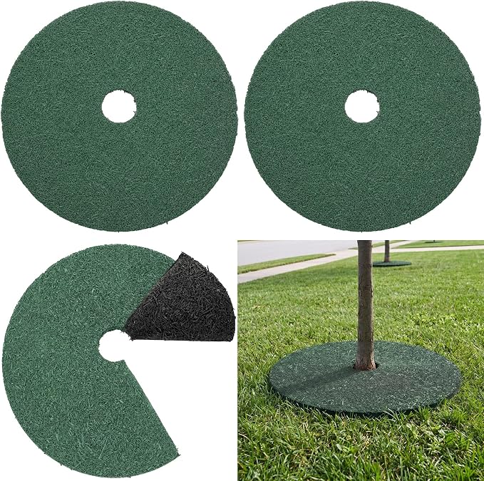 Peryiter 3 Pcs Double Side Rubber Mulch Tree Ring 24 Inch Heavy Duty Rubber Mulch Mat Tree Protector Weed Barrier Mats Reversible Round Root Ring for Prevent Weed Grass Animal Dig Dark Green Black