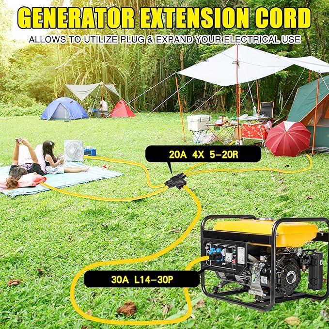 Kanayu 15FT 30 to 20 Amp 110V Generator Distribution Adapter Compatible with NEMA L14-30P to NEMA 4X 5-20R/ 5-15R, 4 Prong Generator Locking to Four Household Outlet with 20 Amp Circuit Breaker