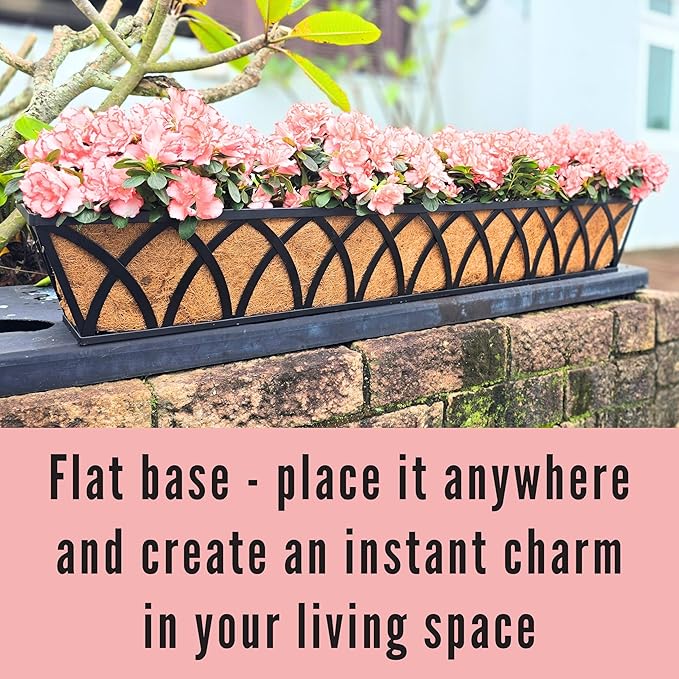 LaLaGreen Railing Planter Box (36 Inch, 2 Pack) Black Metal Rectangular Window Boxes for Outdoor Plants, Large Wall Hanging Planters with Coco Liner Modern Bracket Garden Fence Horse Troughs Porch
