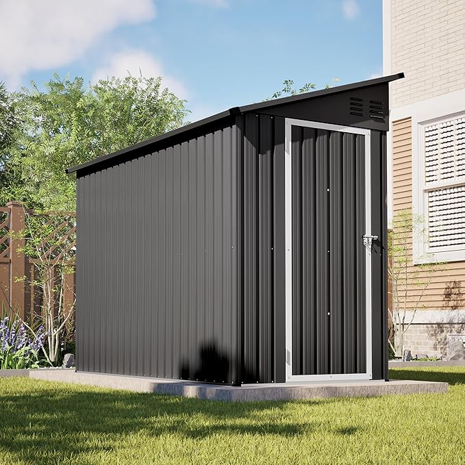 YOPTO 4×8 FT Lean to Metal Shed,Outdoor Heavy-Duty Storage Shed with Floor Base,All Weather Waterproof Garden Tool House W/Lockable Door&2 Air Vent,Reversible Door Design,for Backyard,Patio,Lawn,Black