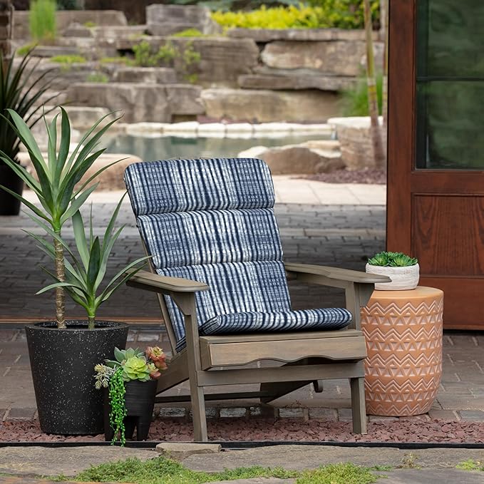 Arden Outdoor Adirondack or Rocking Chair Cushion, 20 x 17, Rain-Proof, Fade Resistant 17 x 20, Blue Shibori Stripe