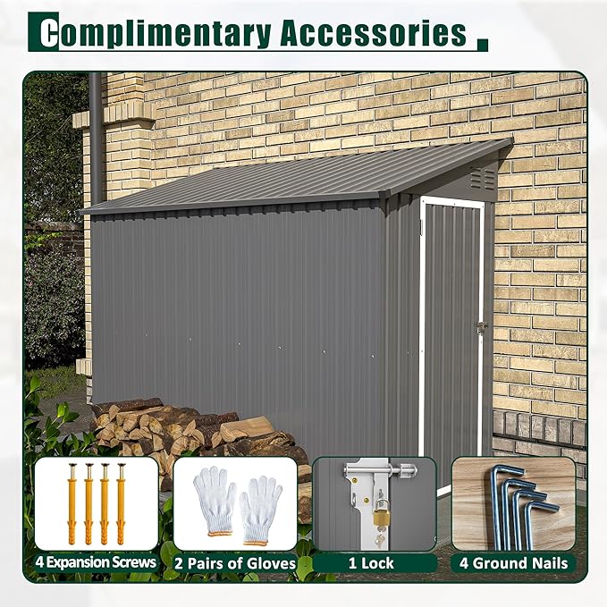 YOPTO 4×8 FT Lean to Metal Shed,Outdoor Heavy-Duty Storage Shed with Floor Base,All Weather Waterproof Garden Tool House W/Lockable Door&2 Air Vents,Reversible Door Design,for Backyard,Patio,Lawn,Gray