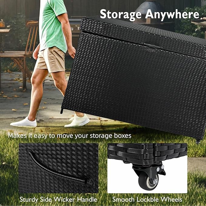 230 Gallon Wicker Deck Box - Waterproof Outside Storage Box with Wheels - Outdoor Bench for Indoor & Outdoor Use, Storage Bin for Patio Furniture, Pool Storage and Garden Tools - Black