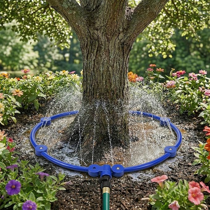 4 Pcs 360° Tree Water System Tree Root Watering Ring 13 Inch Circle Sprinkler Irrigation Slow Release Targeted Water with Y Hose Splitter for New Tree Outdoor Plants Raised Garden Beds (Blue, Small)