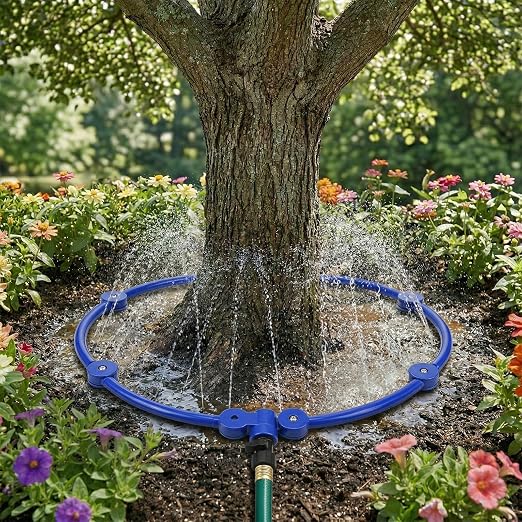 2Pcs 360° Tree Water System Tree Watering Ring 13 Inch Circle Sprinkler and Irrigation System Targeted Water with Y Hose Splitter for New Tree Outdoor Plants Raised Garden Beds Shrubs (Blue, Small)