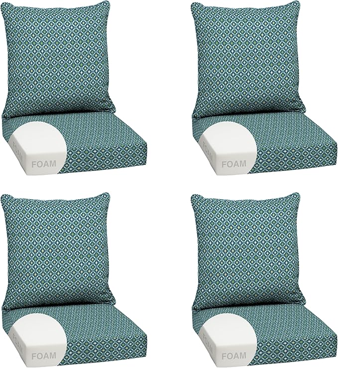 Arden Outdoor Foam Deep Seat Cushion Set (4-Pack), 24x24, Premium High-Density Foam, Never Flattens, Weather-Proof for Patio Chair Sofa Couch, Alana Tile