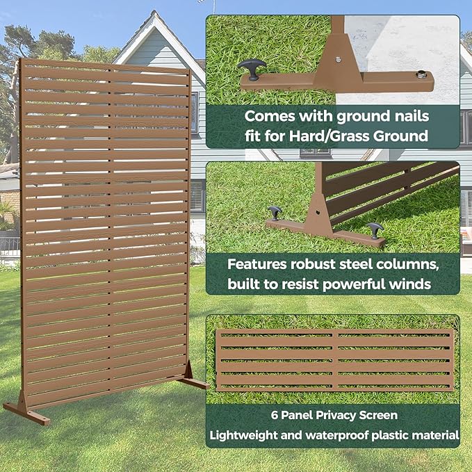 Privacy Screen Outdoor 72" Freestanding Privacy Panel with Stand, HDPE Decorative Privacy Fence with Louver Pattern, Patio Divider Screen, Privacy Screens for Outside, Balcony, Brown