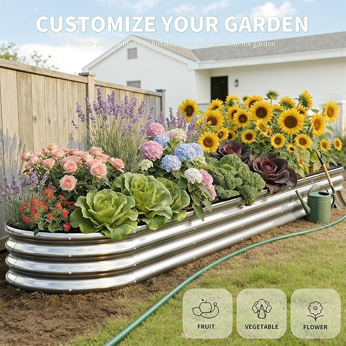Galvanized Raised Garden Bed Kit, 12×2×1ft for Garden Beds Outdoor with Easy Assembly,Oval Large Gardening Box for Vegetables, Fruits, Flower Silver