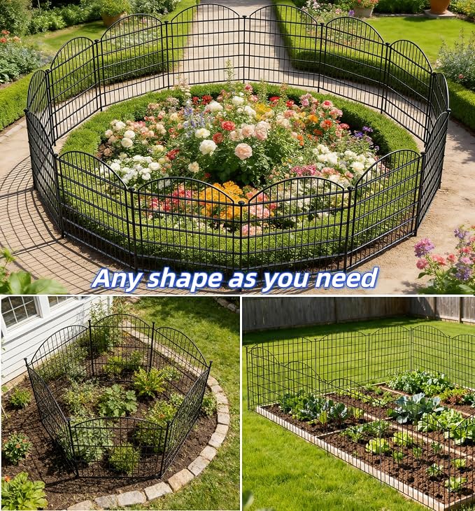 Garden Fence Decor 24 in(H) x 20 ft(L), Dog Fence Outdoor for Yard No-Dig Pet Barrier, Animal Proof Fence Metal Garden Fencing Animal Barrier,10 Panels with Lock