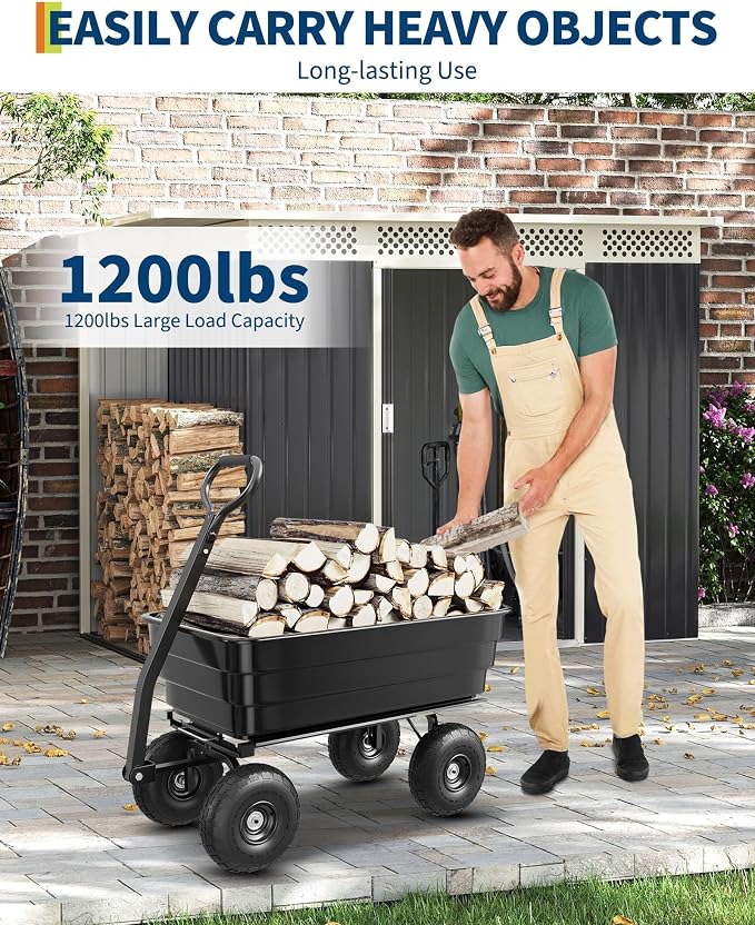 Heavy Duty Gorilla Cart-Style Dump Utility Wagon, 1200lb Poly Wheelbarrow with 13" All-Terrain Tires, Quick-Release Yard Garden Cart on Wheels for Landscaping, Lawn Tractor Tow, 4 cu.ft