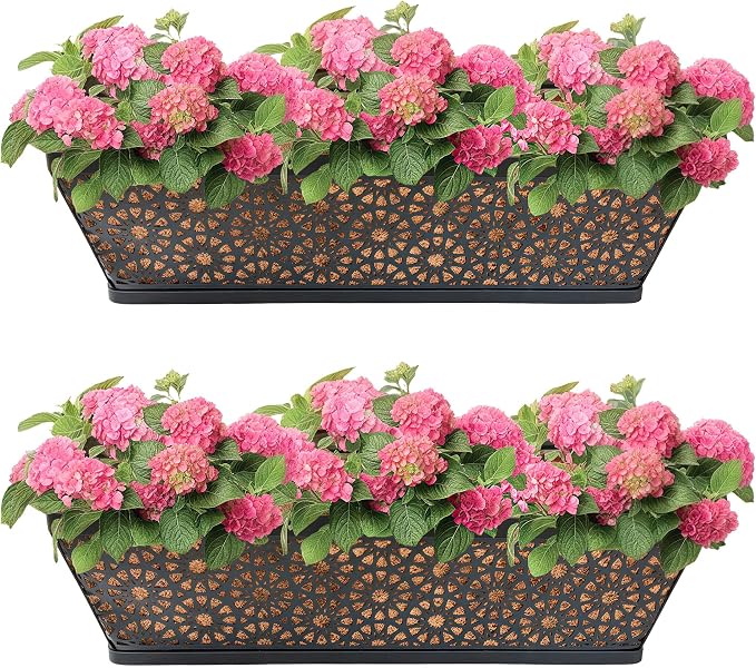 Black Metal Railing Planter Window Box (2 Pack, 30 Inch) Horse Trough Planter with Coco Fiber Liner Deck Balcony Rail Planters for Porch Fence Patio Outdoor Garden Décor