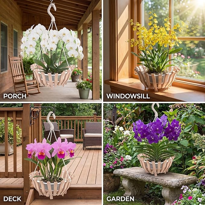 2 Sets Rustic Orchid Pots with Holes, Orchid Hanging Planter with Hangers, Wooden Lotus Flower Shape 10 & 8 Inch Specialist Hanging Baskets for Outdoor Patio Garden