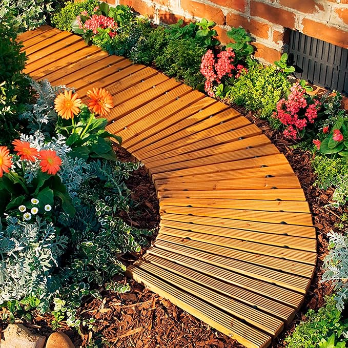 Plow & Hearth 4' Curved Outdoor Wooden Pathway | 17" Wide Rollout Outdoor Garden Walkway | Weather-Resistant Hardwood Cedar Board Walkway Landscape Edging | Decorative Lawn Patio Wedding Party