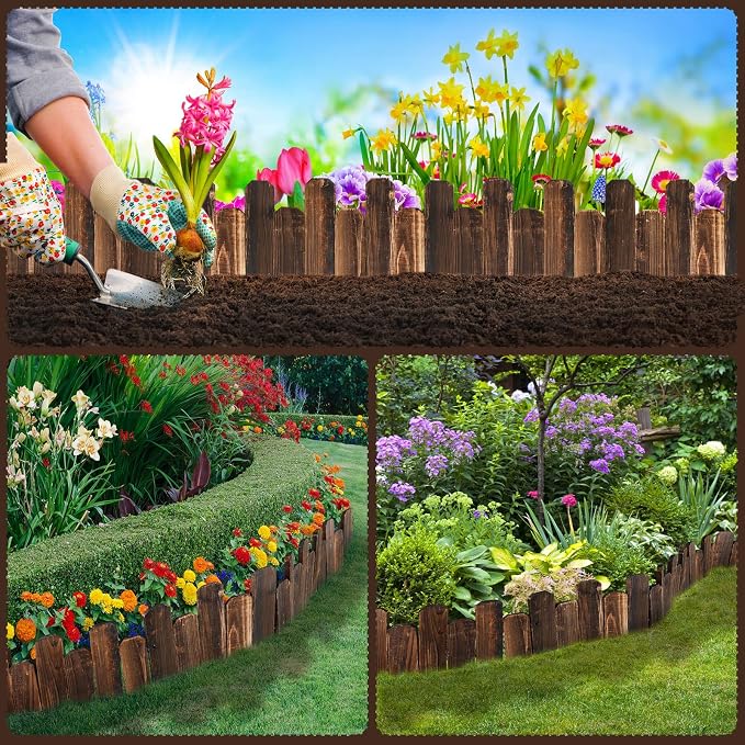 Bucherry 4 Pcs Wood Garden Edging Border No Dig Landscape Edging Anti Corrosive Lawn Picket Fence with Gloves Decorative Flower Bed for Yard Patio Pathway Tree Outdoor 7.9 x 47 Inch