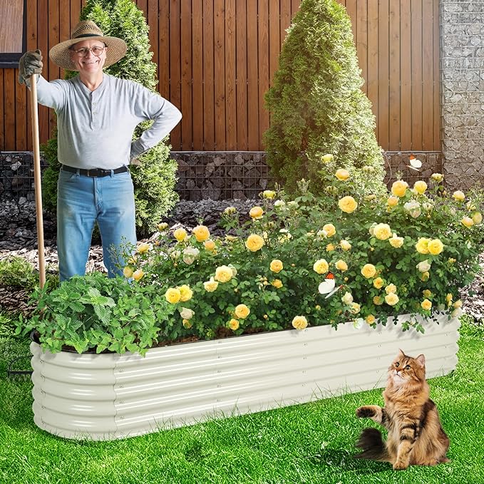 Aoodor 9-in-1 Modular Aluzinc Metal Raised Garden Bed, 89" L x 17.7" W x 17" H, Outdoor Planter Box for Vegetables, Flowers, and Herbs, Beige