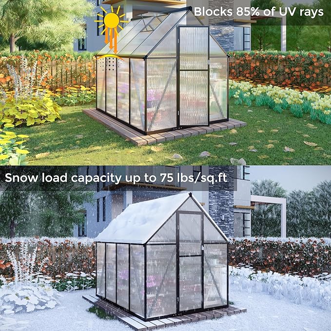 6 x 6 FT Greenhouse for Outdoors, Polycarbonate Greenhouse with Quick Setup Structure and Roof Vent, Aluminum Large Walk-in Green House for Outside Garden Backyard, Charcoal Black