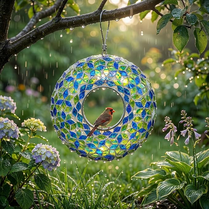 9-Inch Wild Bird Feeder Fly Through Garden Hanging Bird Feeder-Mosaic Round Shape Wild Birdfeeder for Outdoor Decoration, Blue and Green Flower