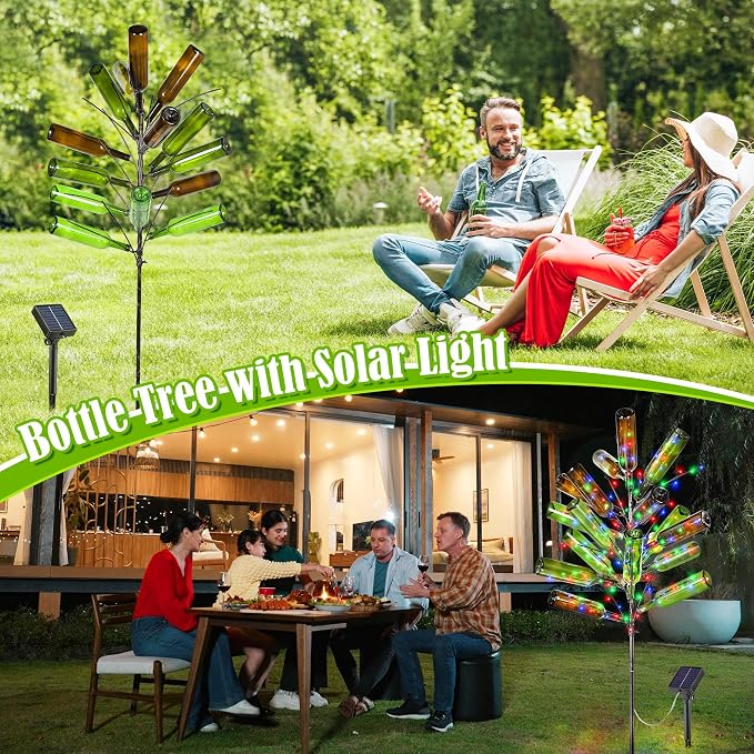 Meonum Solar Light Bottle Tree, 61" Metal Garden Sculpture for Yard & Patio Decor, Colorful Outdoor Wine Holder for Garden & Lawn Decoration, Holds 24 Glass Containers(Black)