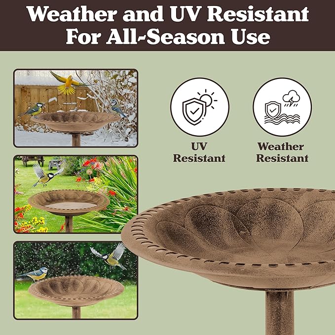 Pure Garden 50-LG1074 Antique Bird Bath-Weather Resistant Resin Birdbath with Vintage Scroll Design, 3 Ground Stakes for Garden, Outdoor Decor (Bronze)
