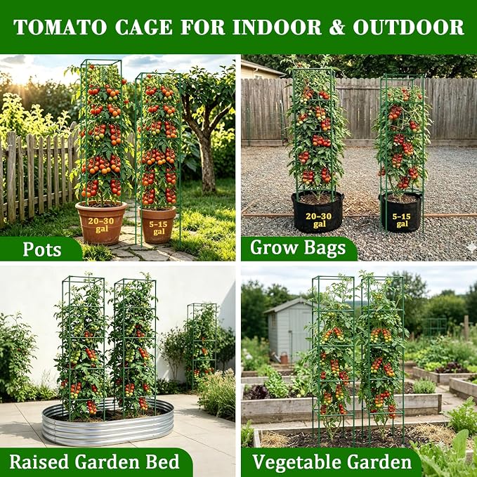 ZeeDix 72 Inches Heavy Duty Tomato Cages, 4 Pack Square Adjustable Tomato Trellis with 40Pcs Clips, Extra Tall Plant Support Stakes for Climbing Vegetables, Flowers, Raised Garden Bed & Pots