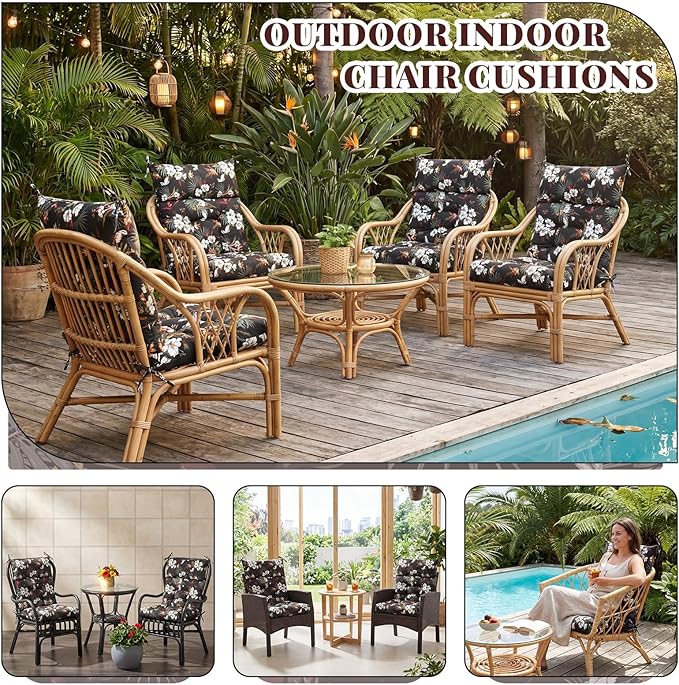 Sintuff 4 Pcs 44 x 21 x 4 Patio Chair Cushions Outdoor Chair Cushion Seat/Back Tufted Pillow with Ties Water Resistant Replacement Indoor Patio Furniture Outdoor Furniture (Fern Leaves,Black)