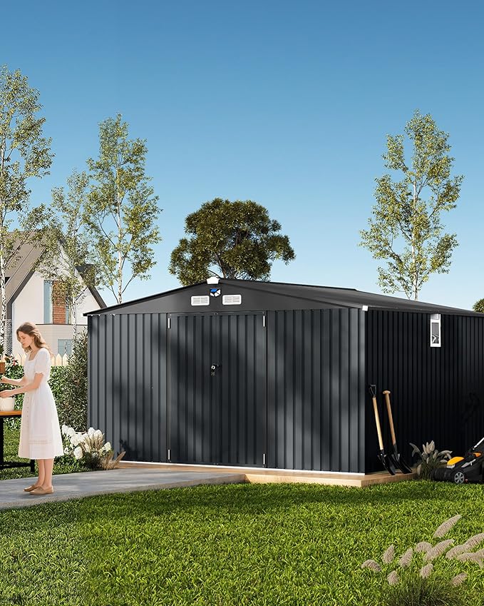 Garvee 10x12 ft Heavy-Duty Metal Storage Shed with Lockable Door & Windows - Galvanized Steel Outdoor Utility Shed with Sloped Roof for Backyard, Garden, Garage, and Patio, Dark Gray
