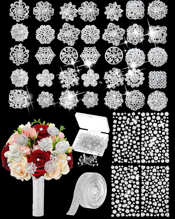 Quelay 141 Pcs Bouquet Pins Flower Brooch Wedding Bouquet Kit Self Adhesive Crystal Rhinestone Ribbon Bling Jewels Stickers for Wedding Birthday DIY Art Crafts Decoration Supplies