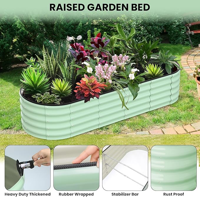 CABIHOME Garden Raised Garden Bed Kits, 8x2x1 ft Metal Raised Planter Bed, Open-Ended Base Garden Boxes Outdoor Galvanized Planter for Vegetables Flowers Rubber Edge, Green